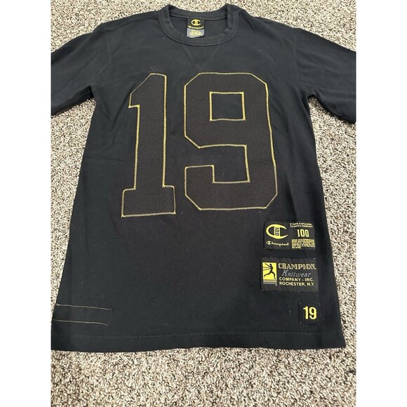 Champion 100 Years T-Shirt Mens Medium S Embroidered Logo Black Tee Short Sleeve - Picture 5 of 8